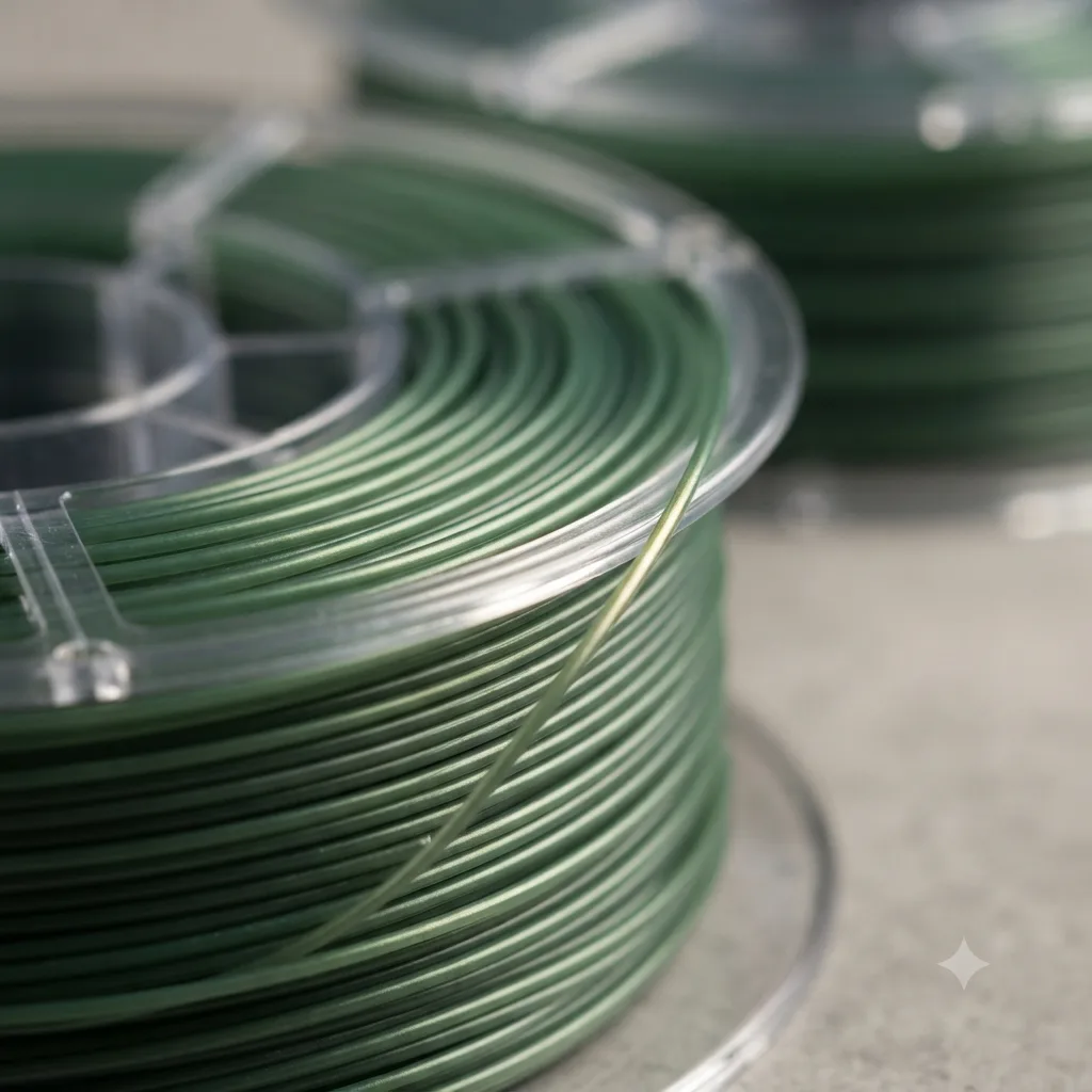 Macro close-up of a filament spool with tightly wound strands, lit warmly in a dark workshop.