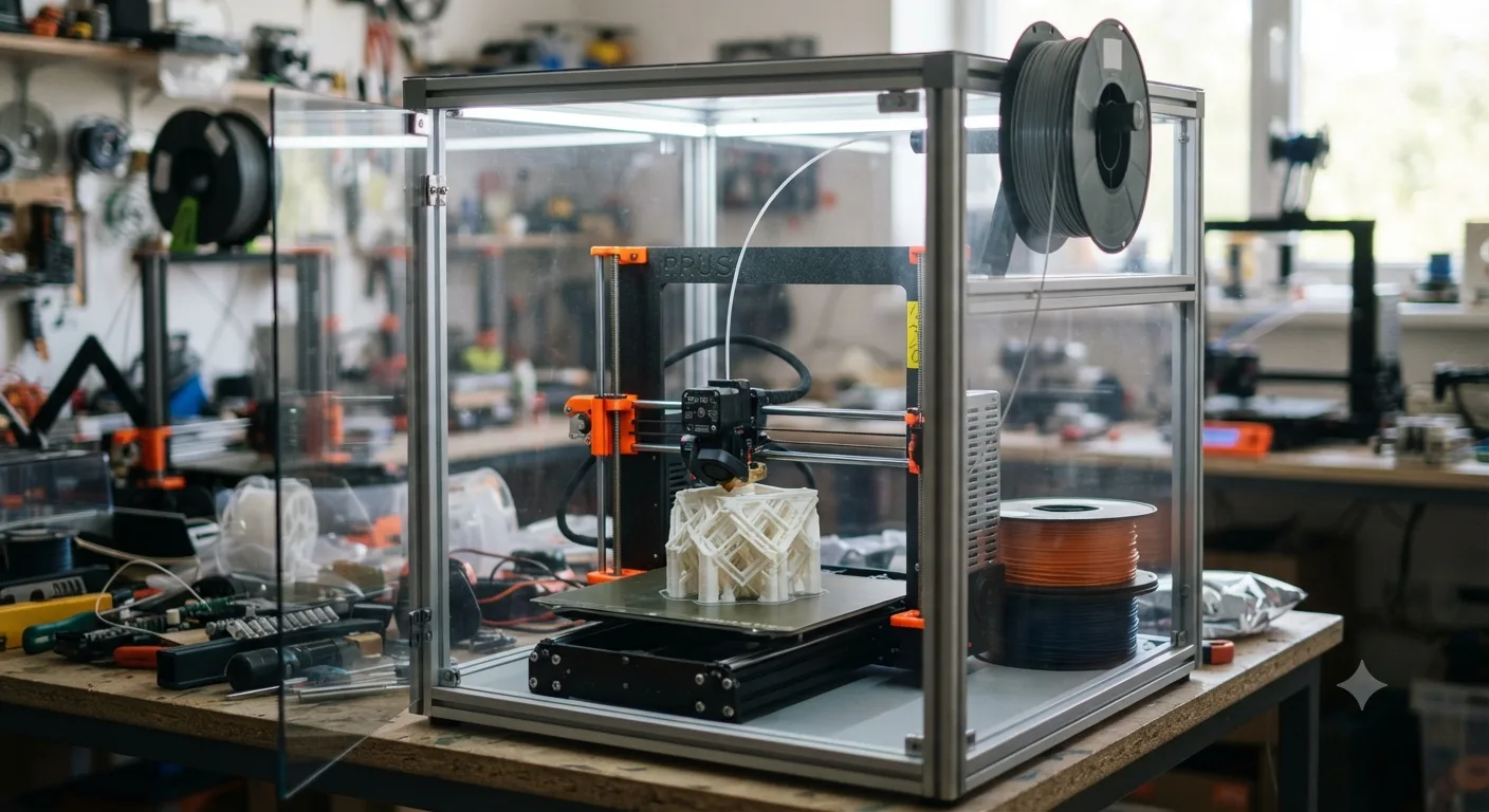 A 3D printer with clear panels enclosing its print area, part-way through printing a white lattice object, with filament spools mounted on top of the frame and inside it.