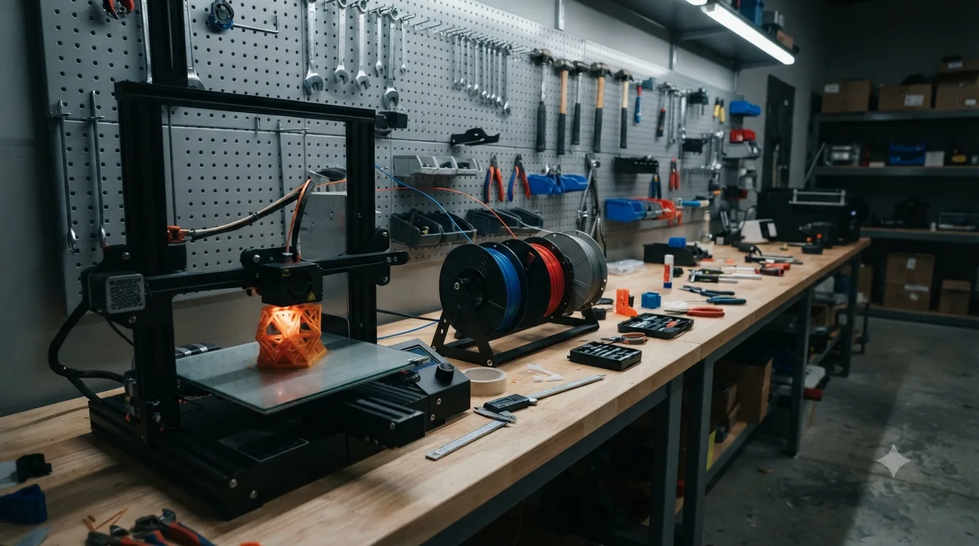 An open-frame 3D printer on a workshop bench printing a glowing orange lattice object, next to a rack holding blue, red and grey filament spools, with a pegboard of wrenches, hammers and pliers on the wall behind.