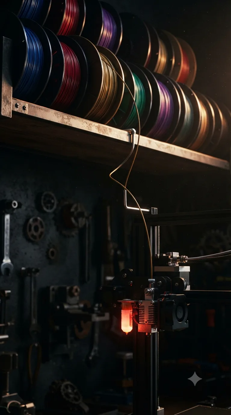 A vertical rack of filament spools in orange, magenta, blue, teal and green above a 3D printer nozzle laying down glowing material in a dark workshop.